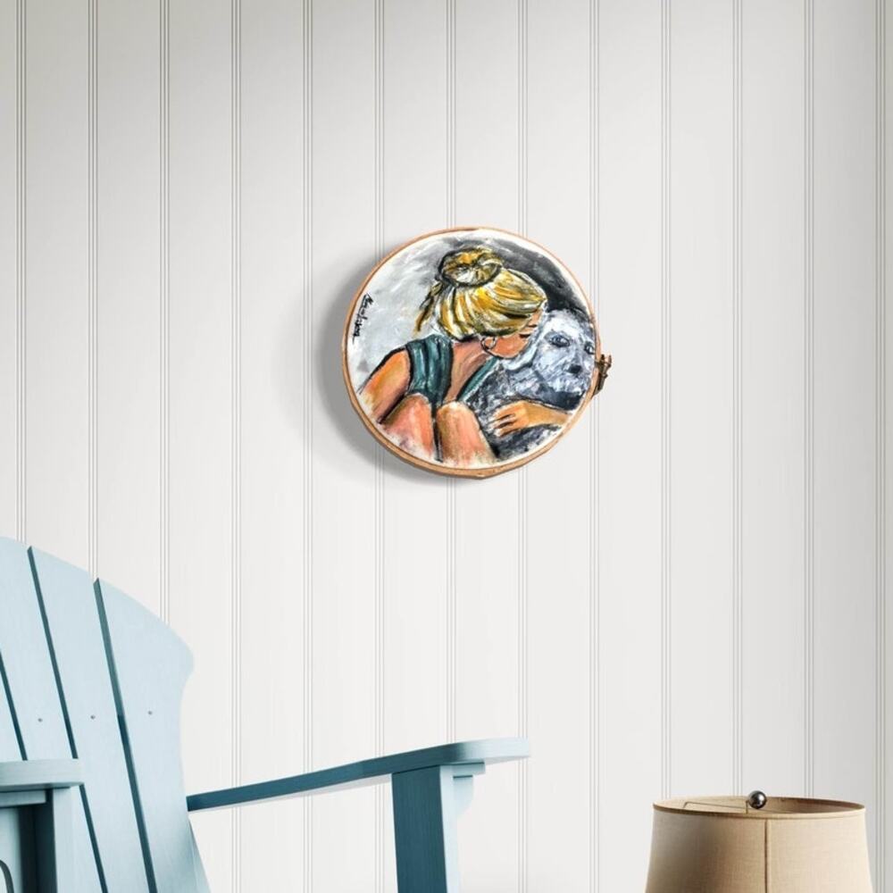 Hand-Painted “Embrace of Love” Embroidery Hoop Art – Unique Mixed Media Artwork